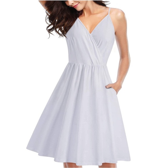 NWT LAISHEN White Spaghetti Strap Summer Wrap Pockets Sundress Dress - Picture 1 of 11